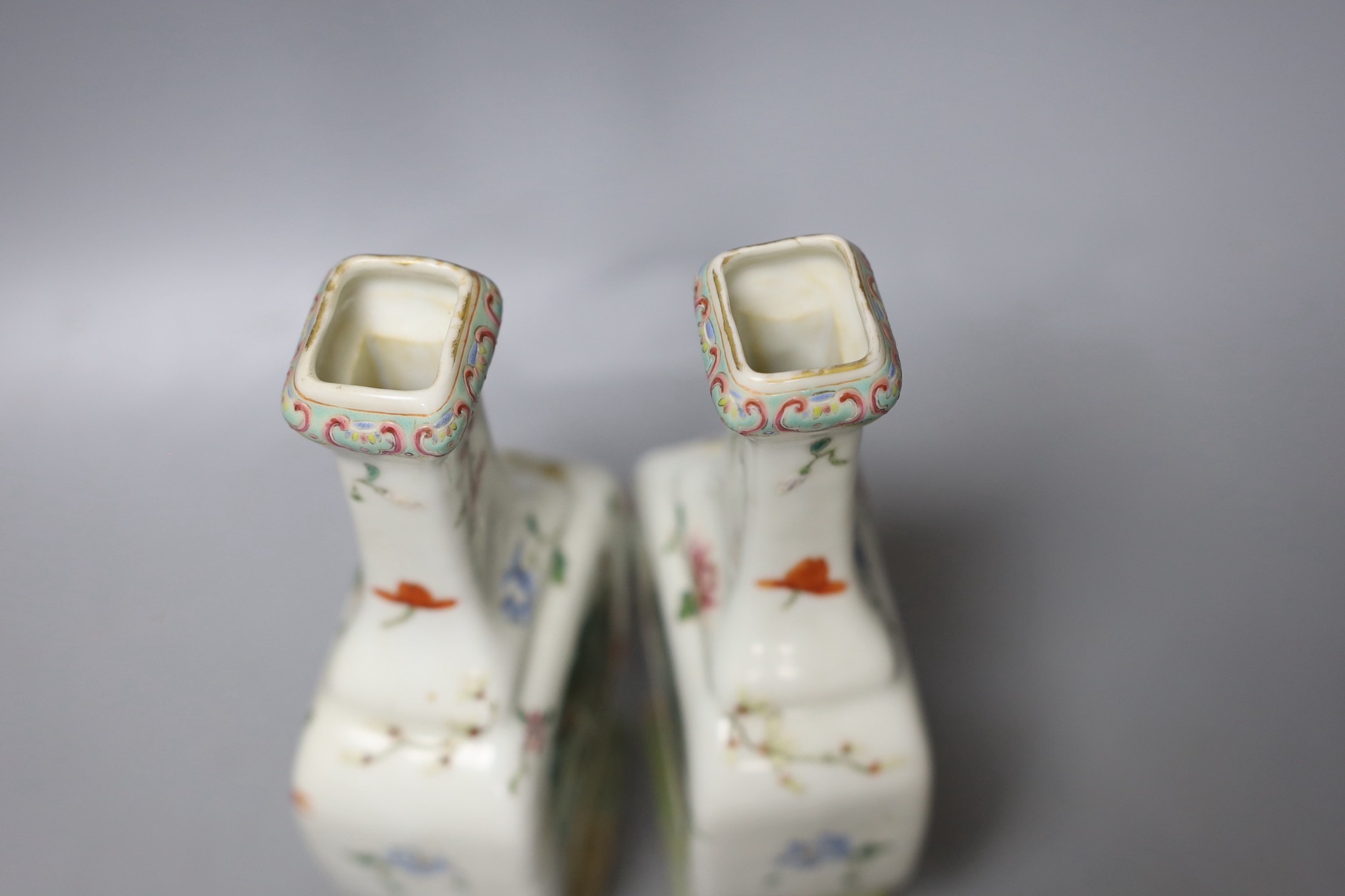 A pair of Chinese famille rose bottle vases, Qianlong marks, Republic period, 19cm tall